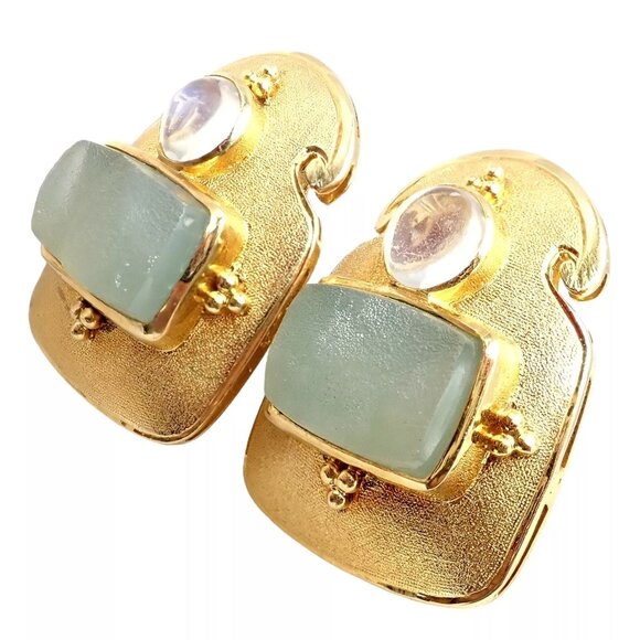 Rare! Vintage Paula Crevoshay 18k Gold Smithsonite Moonstone Earrings OOAK - Picture 3 of 11